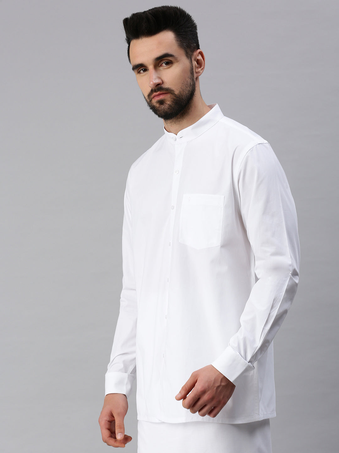 Mens 100% Cotton White Shirt Full Sleeves Plus Size Chinese Collar-Side view