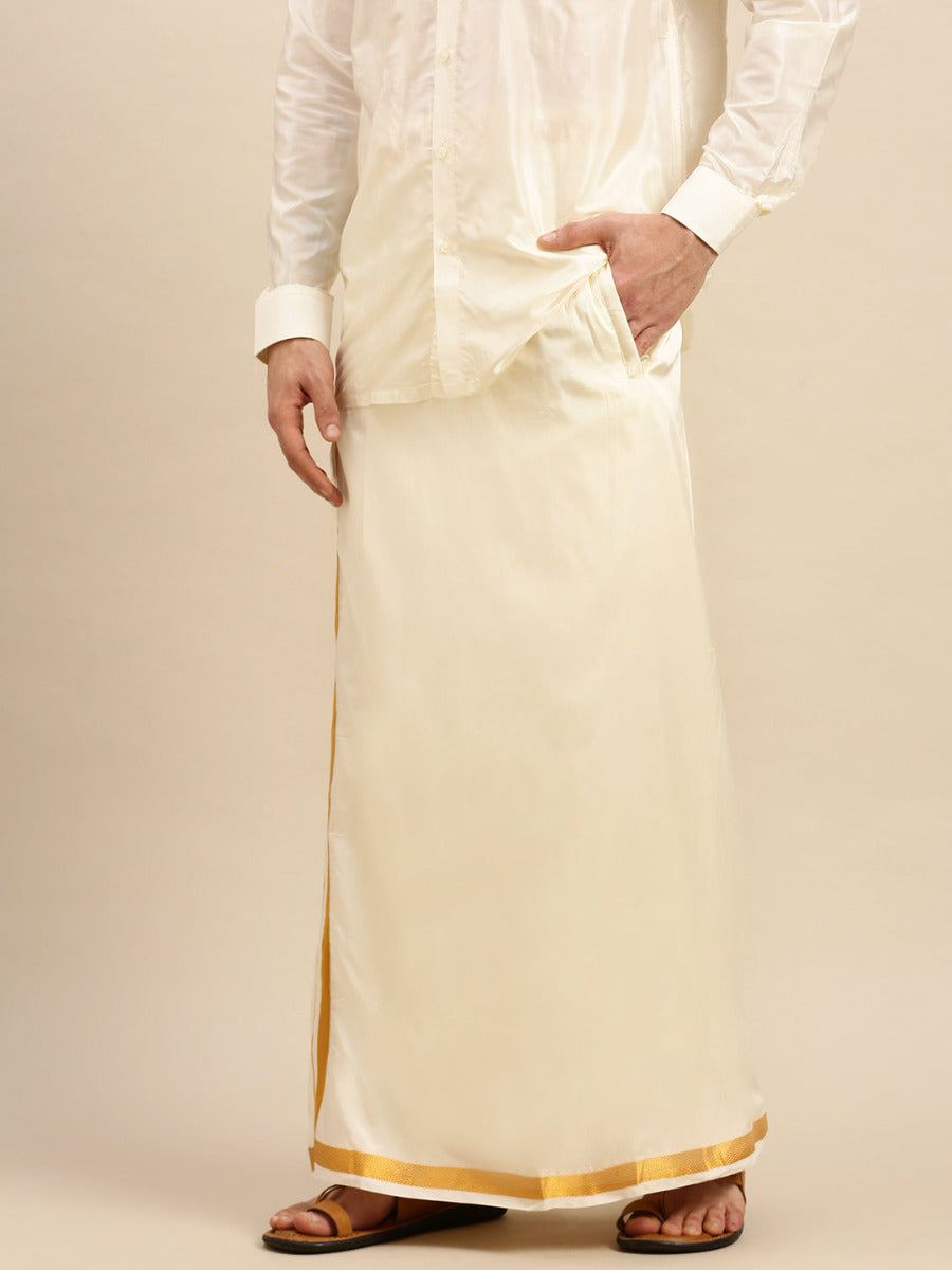 Mens Readymade Cream Art Silk Double Dhoti with Gold Jari-Front view