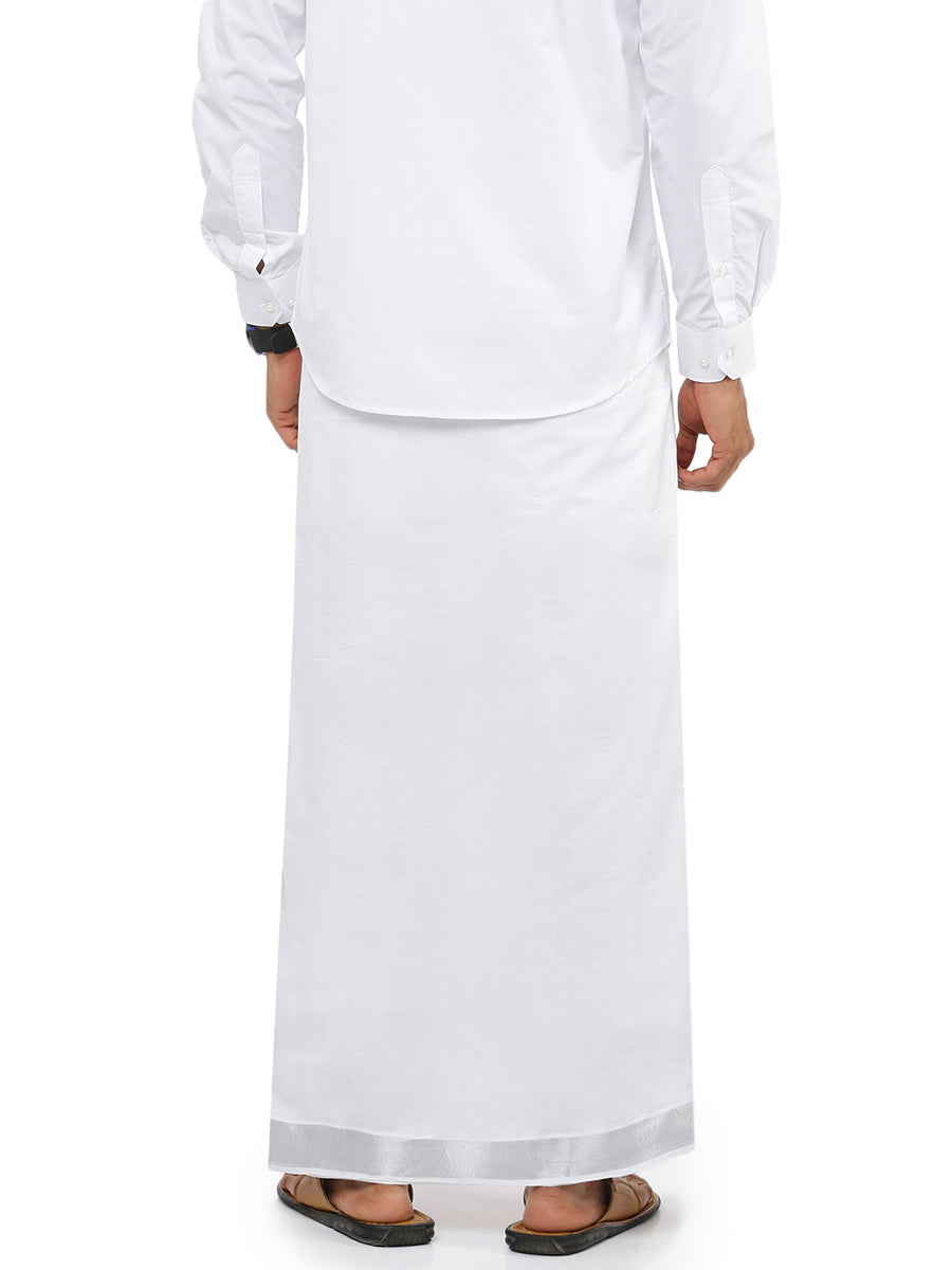 Mens Double Dhoti with Jari 2" Border Silver Earth-Back view