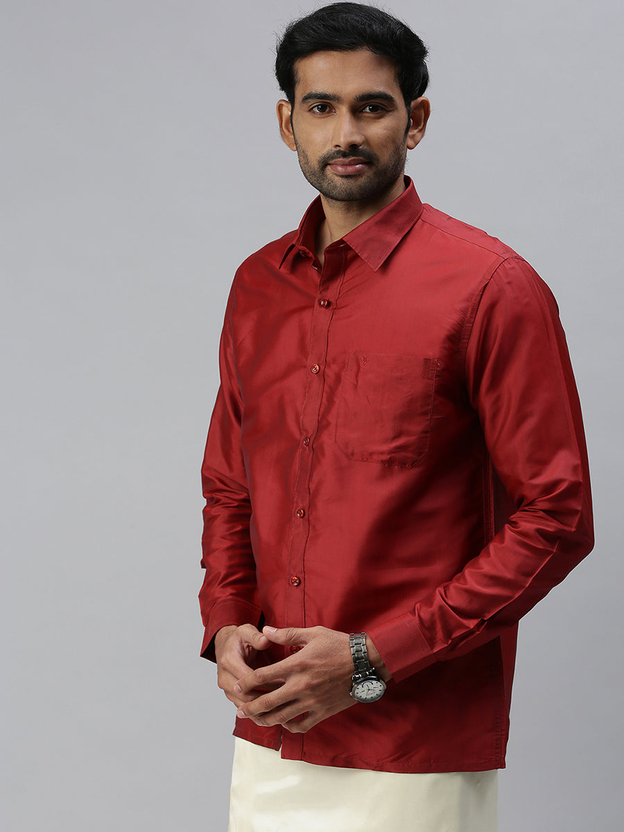 Mens Silk Maroon Colour Full Sleeves Shirt