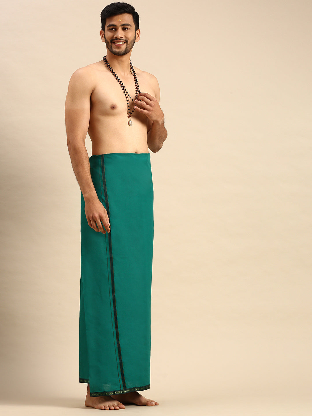 Mens Color Dhoti With Big Border Mercury Green-Side view