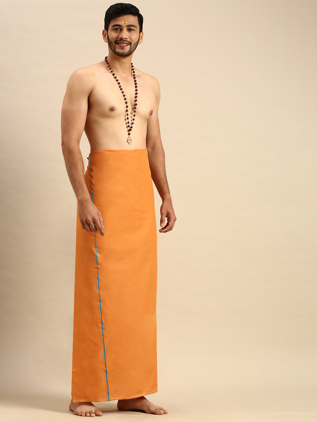 Mens Color Dhoti with Small Border Golden Kavi-Sideview