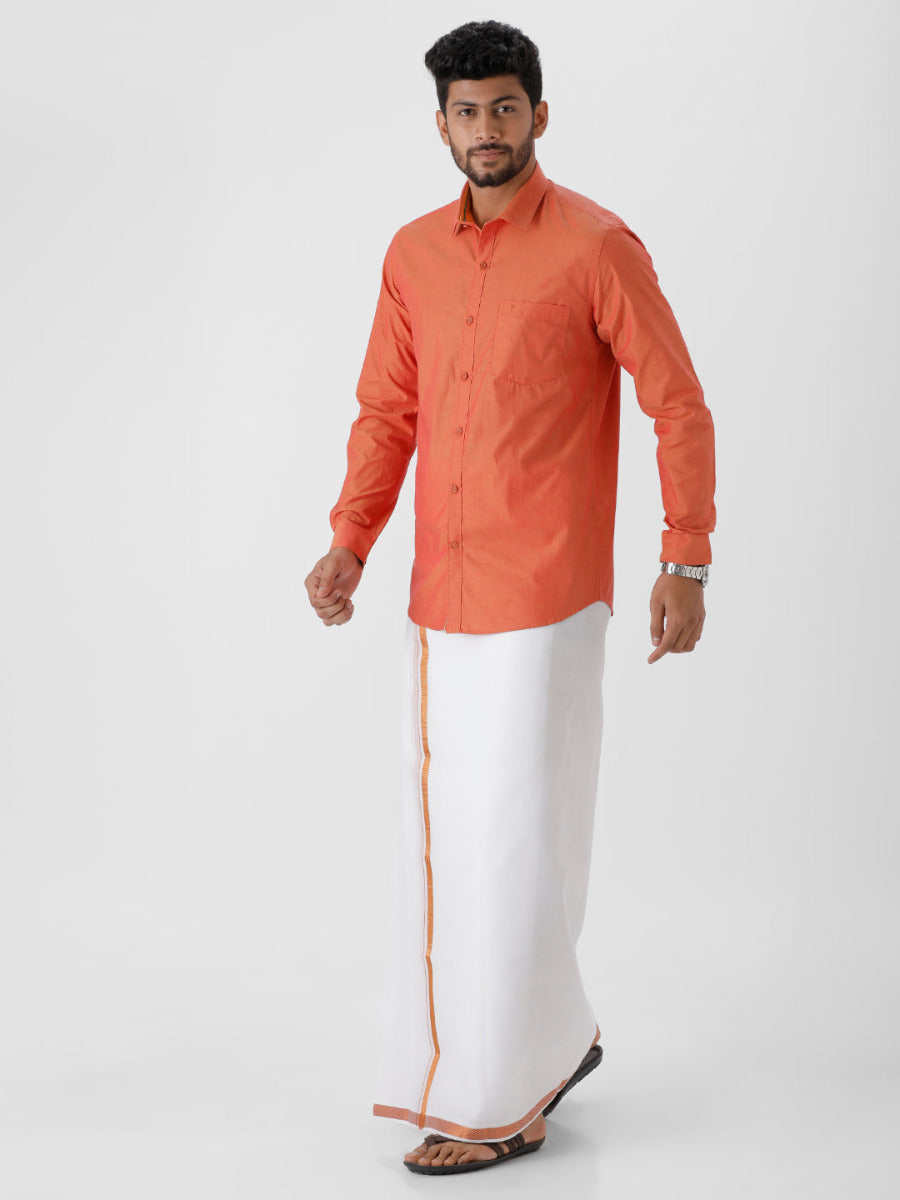 Mens Cotton Copper Colour Full Sleeves Shirt & Double Dhoti with Copper Jari Combo-Front view
