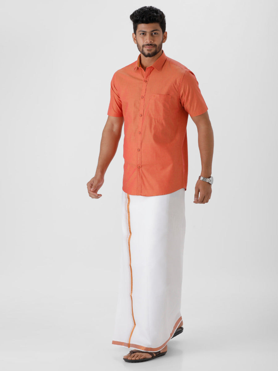 Mens Cotton Copper Colour Half Sleeves Shirt & Single Dhoti with Copper Jari Combo-Fronmt view