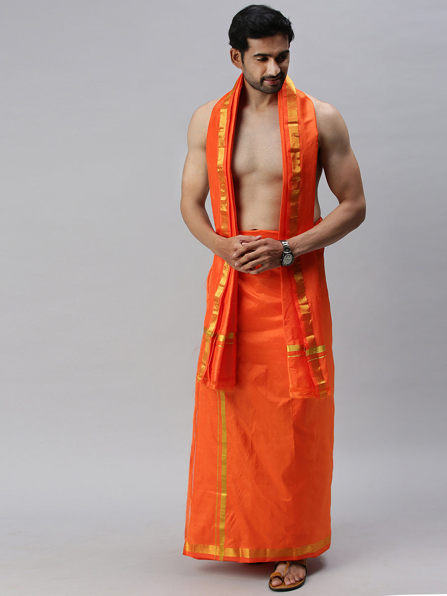 Mens Pure Silk 1" Double Dhoti & Towel Thirukalyan Orange