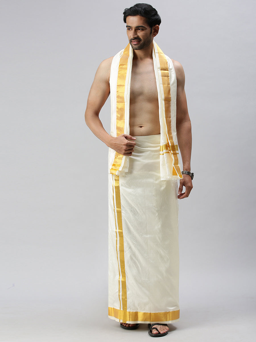 Mens Pure Silk Cream Double Dhoti & Towel Thirukalyan 70K 2"