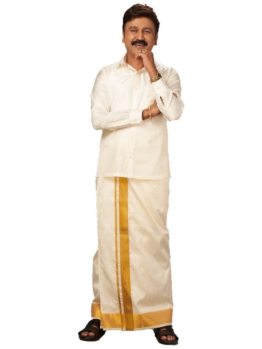 Mens Readymade Cream Double Dhoti Pure Silk 70K with Gold Jari 2"-Full view