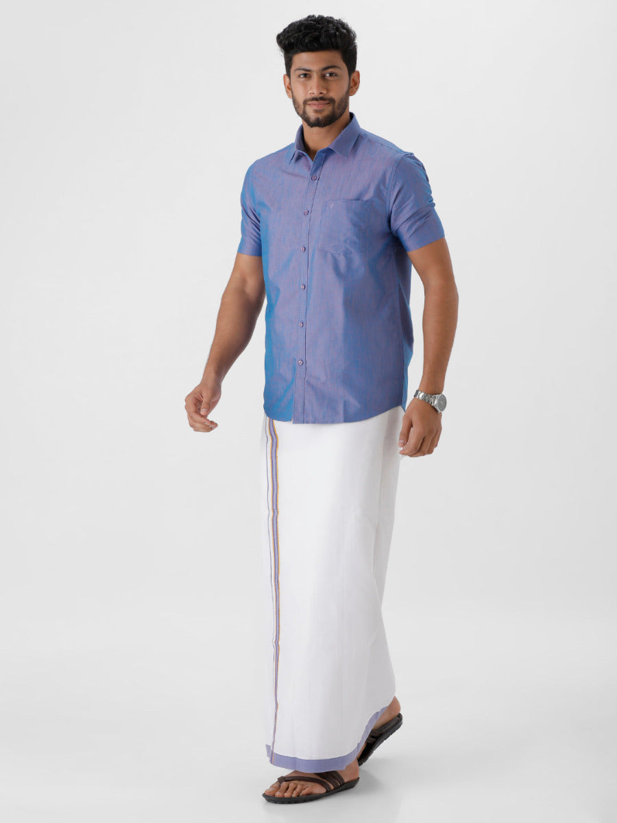 Mens Matching Jari Border Dhoti & Shirt Set Half Blue VB5-Side view