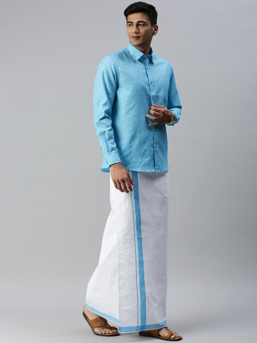 Mens Matching Border Adjustable Dhoti & Full Sleeves Shirt Set Blue CC5-Full view