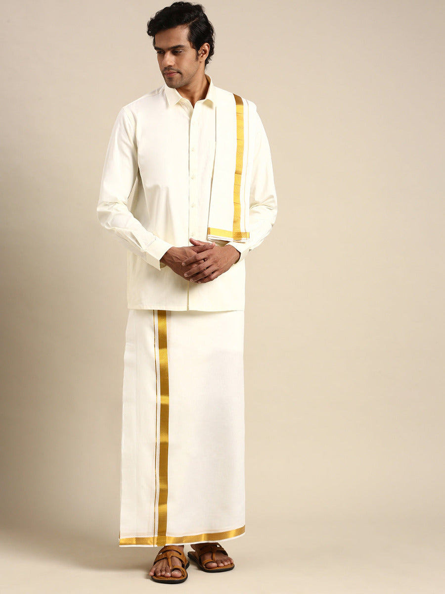 Mens Wedding Cream Regular Dhoti, Shirt & Towel Set Subhakalyan 1"-Full view