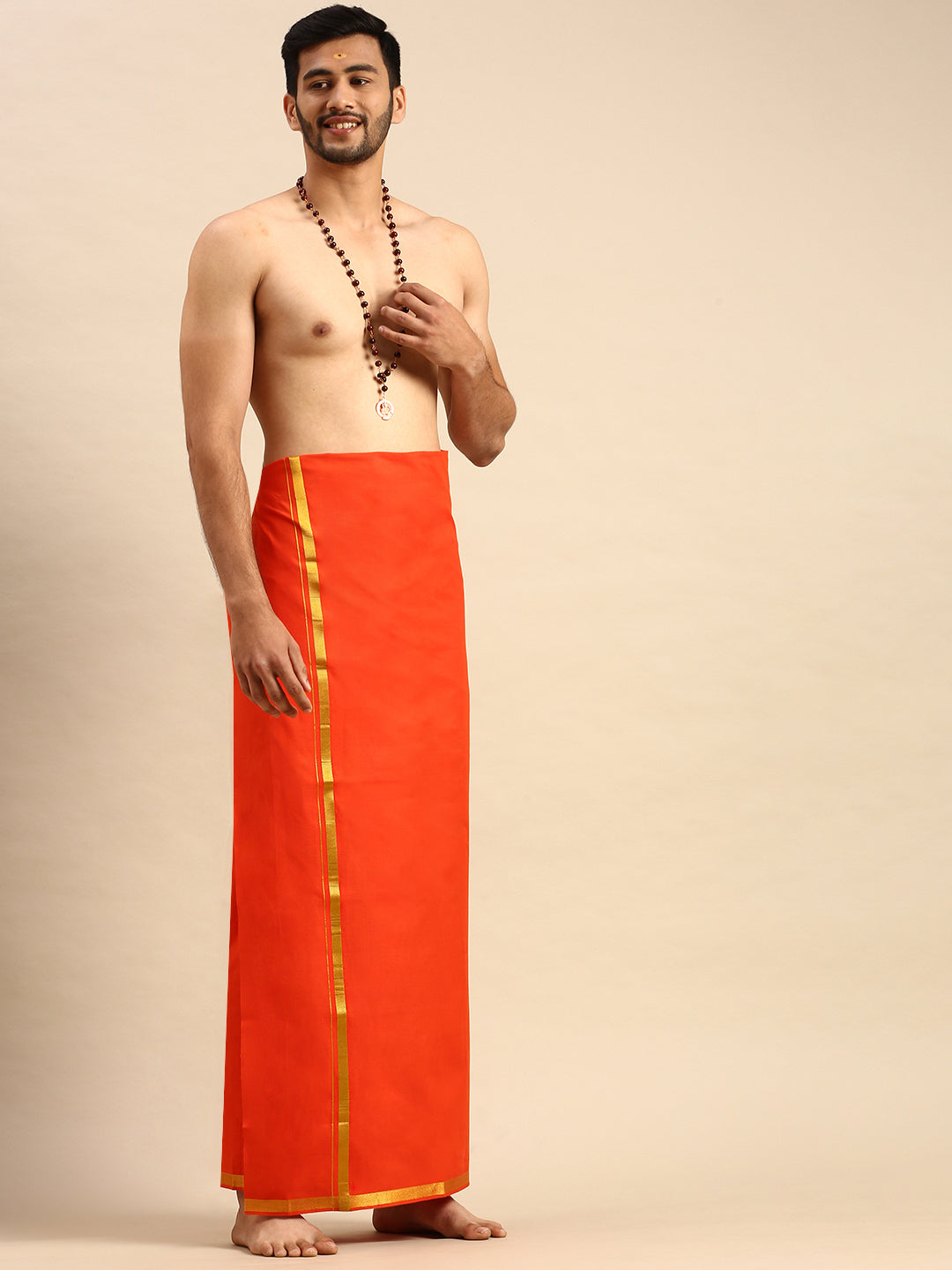 Mens Color Dhoti with 3/4" Gold Jari Border Cosmic-Side view