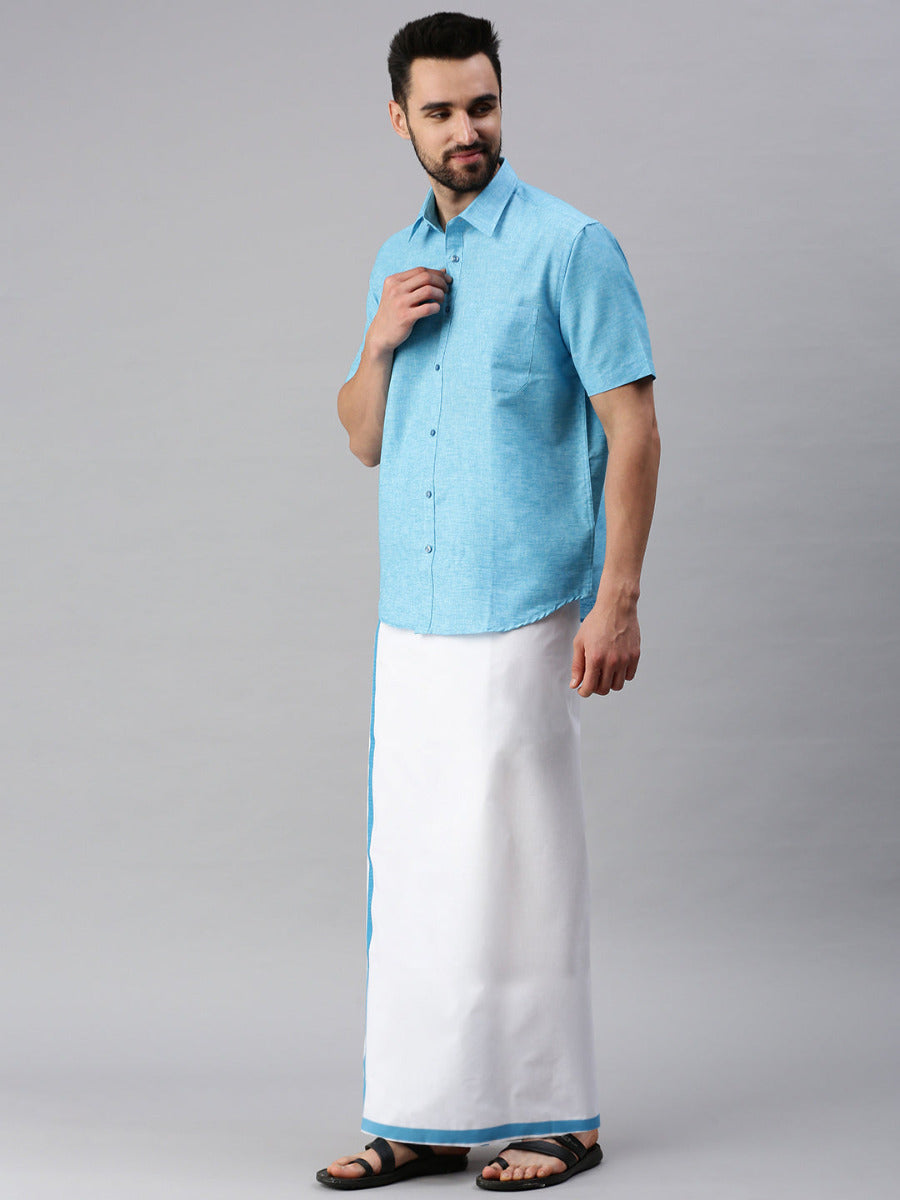 Mens Matching Border Dhoti & Half Sleeves Shirt Set Trendy CC5-Side view