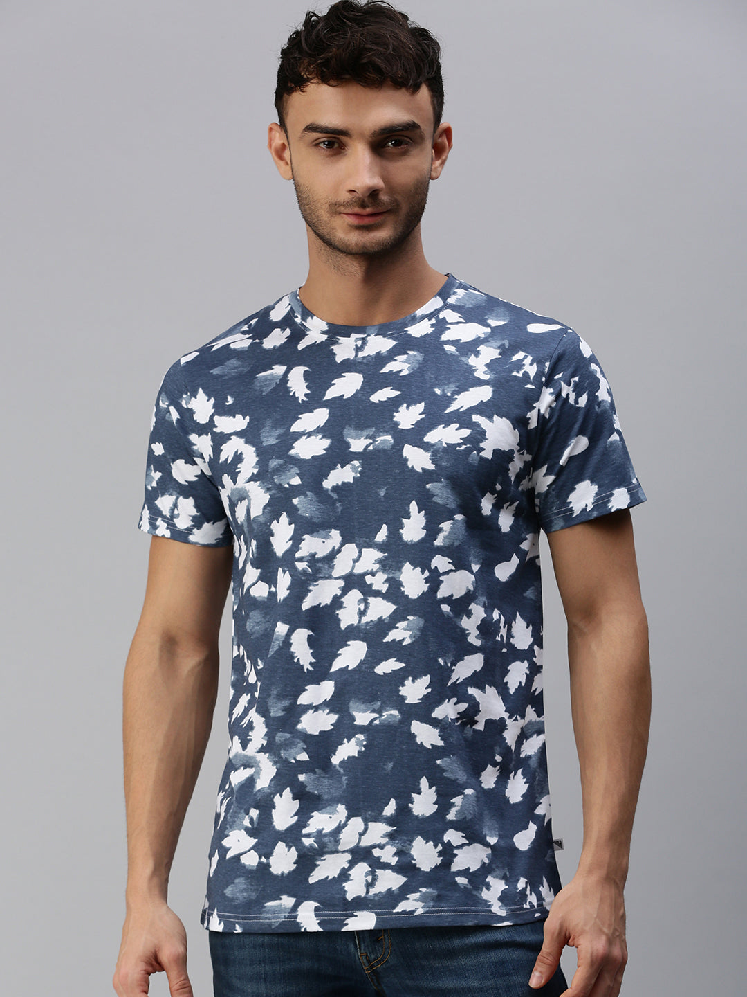 Graphic Printed Round Neck Casual T-Shirt with Pocket Navy GT24