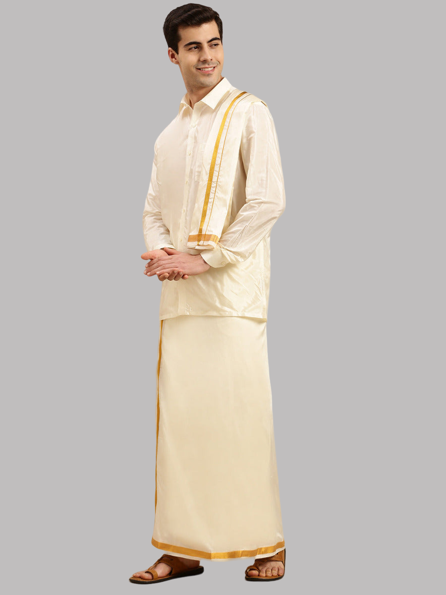 Mens Cream Art Silk Full Sleeves Shirt, Double Dhoti, Towel+Belt Combo-Side view