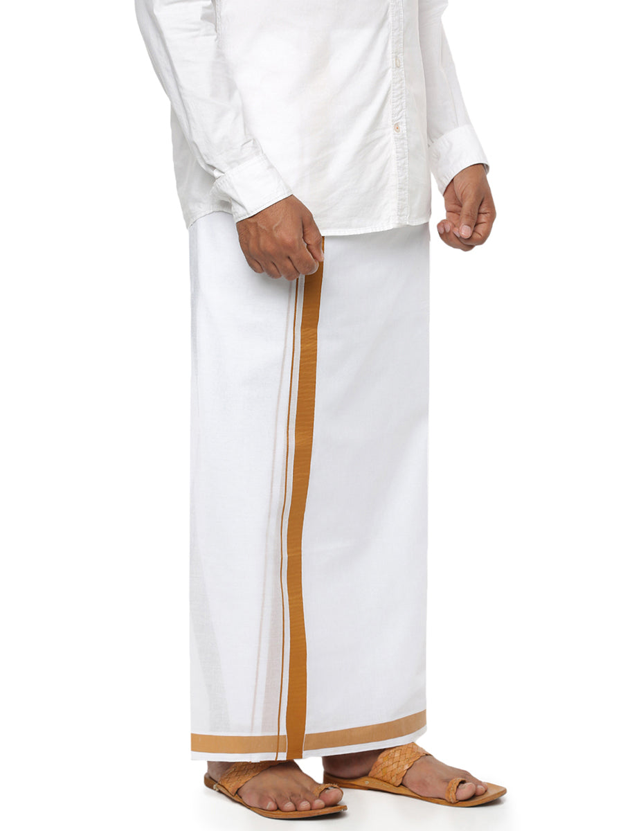 Mens Double Dhoti White with Fancy Border Redfort Mustard-Side view
