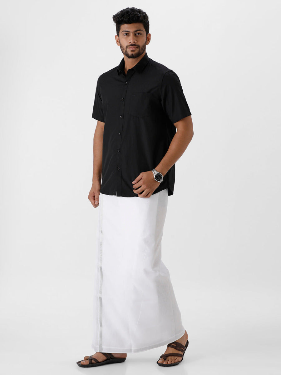Mens Cotton Black Half Sleeves Shirt & Double Dhoti with Silver Jari Combo-Side view