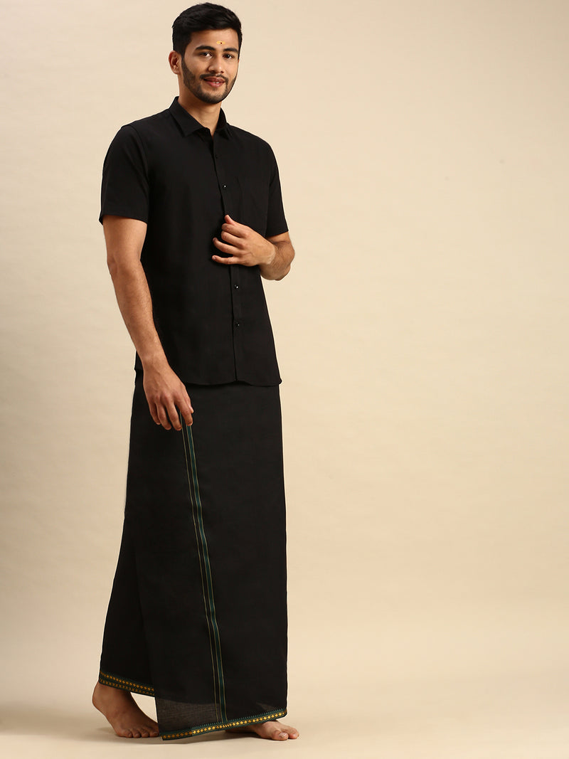 Mens Devotional Shirt & Small Border Dhoti Combo Mercury Black