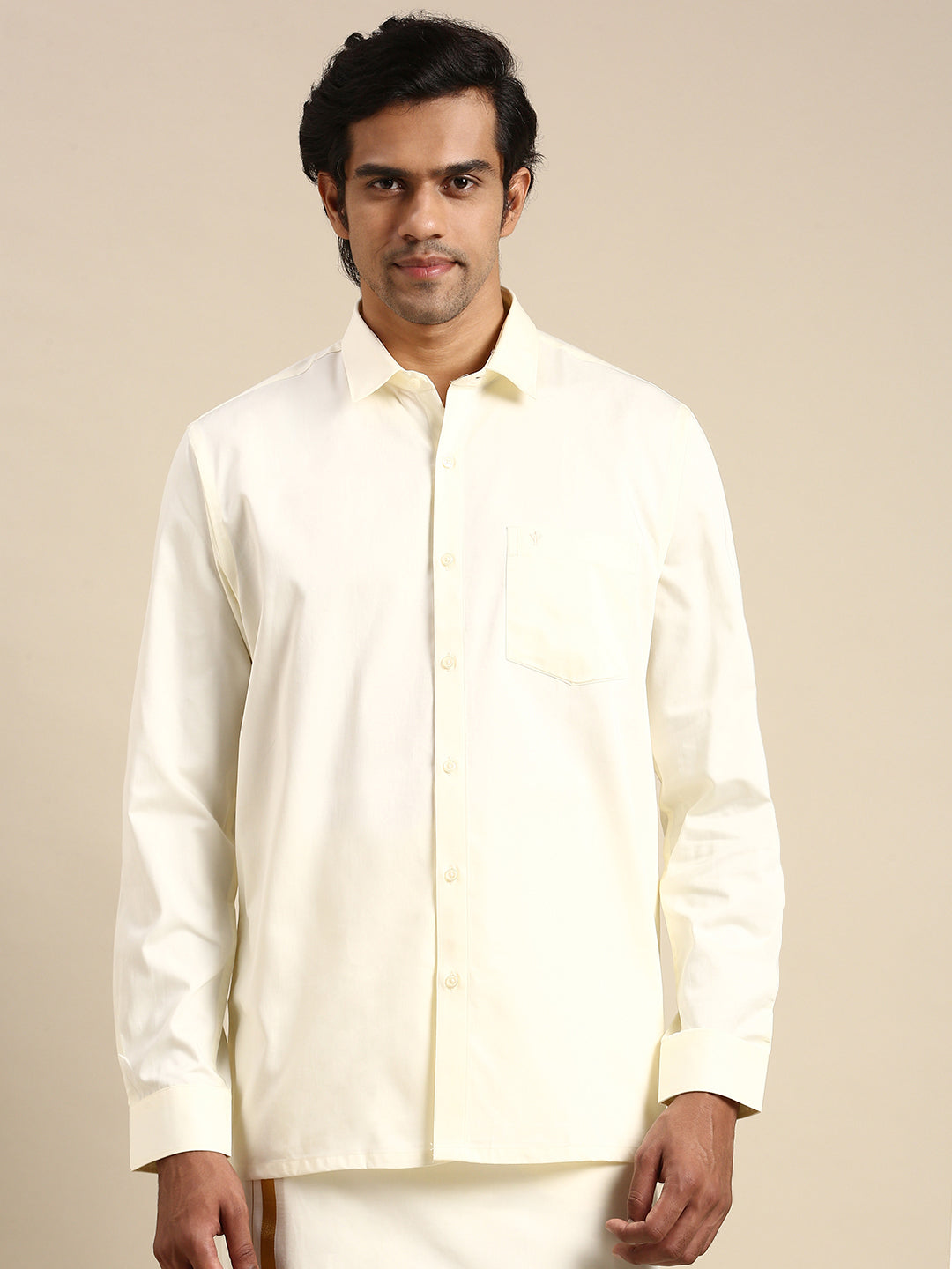 Mens Cream Cotton Gold Jari 1" Double Dhoti with Full Sleeves Shirt Combo-Front alternative view