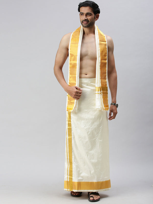 Mens Pure Silk Cream Panchakacham & Towel Thirukalyan 3"
