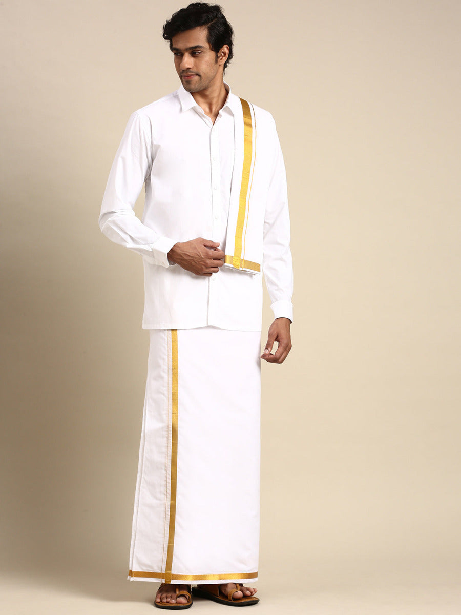 Premium Wedding White Adjustable Dhoti,Shirt & Towel Set Genxt Version-Front view