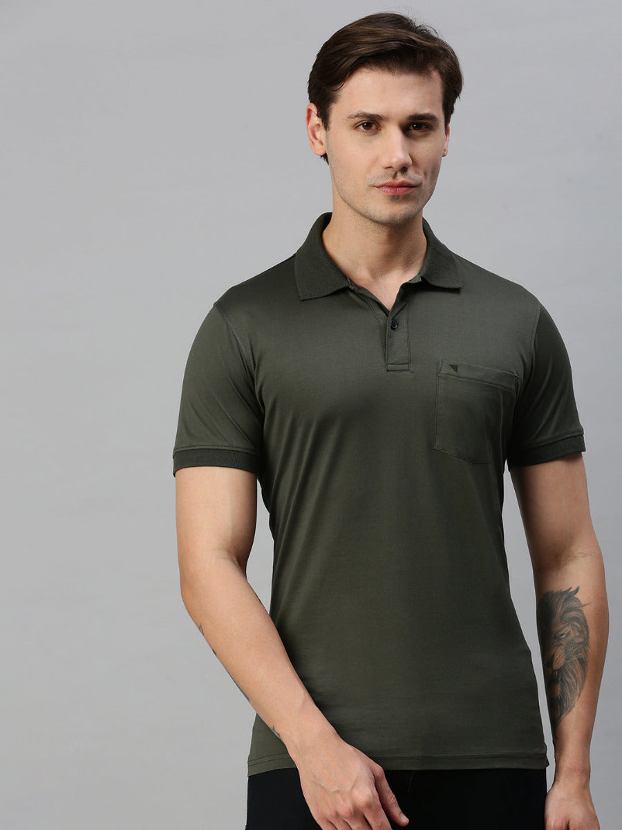 Mercerised Polo Flat Collar T-Shirt Dark Green with Chest Pocket MP3