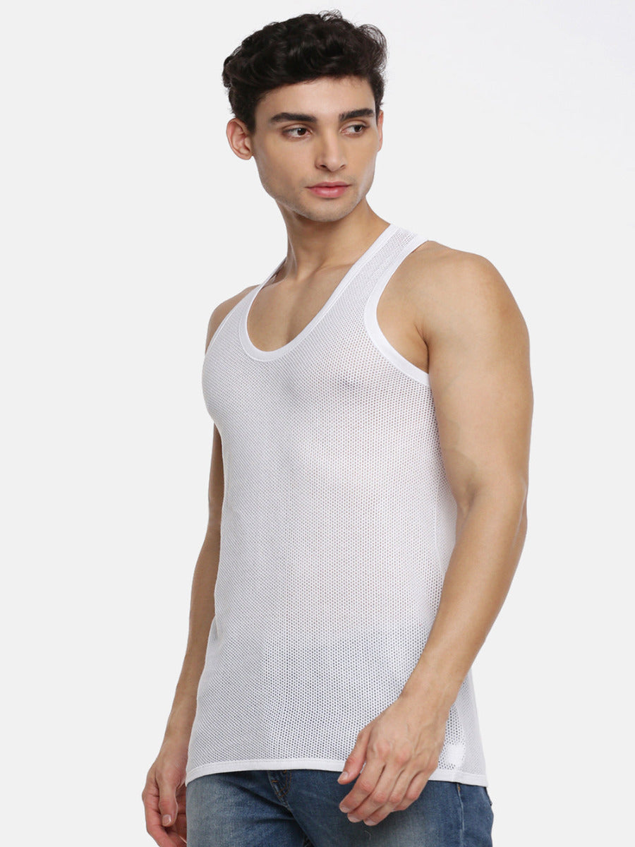 Mens Fine Cotton White Netted Banian Breeze (2 PCs Pack)-Side view