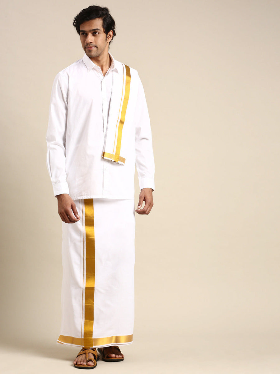 Mens Premium Wedding Cotton White Dhoti with shirt Bit & Towel Set-Front view
