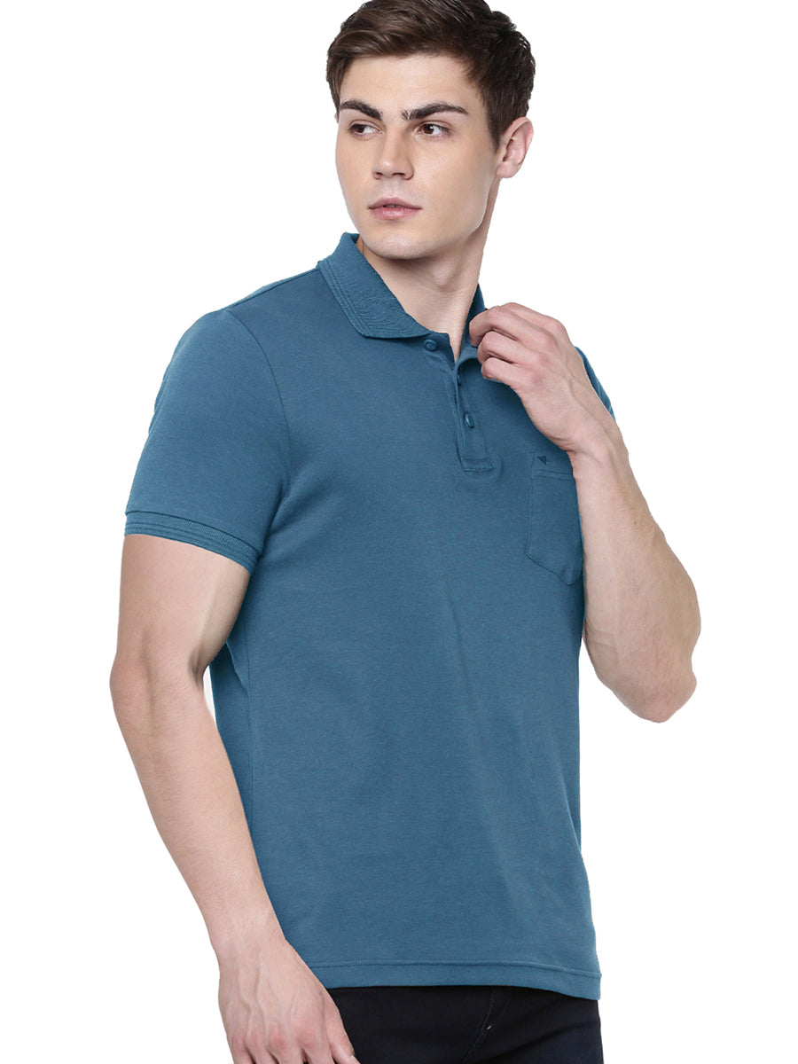 Super Combed Cotton Polo T-Shirt Peacock Blue with Chest Pocket-Side view