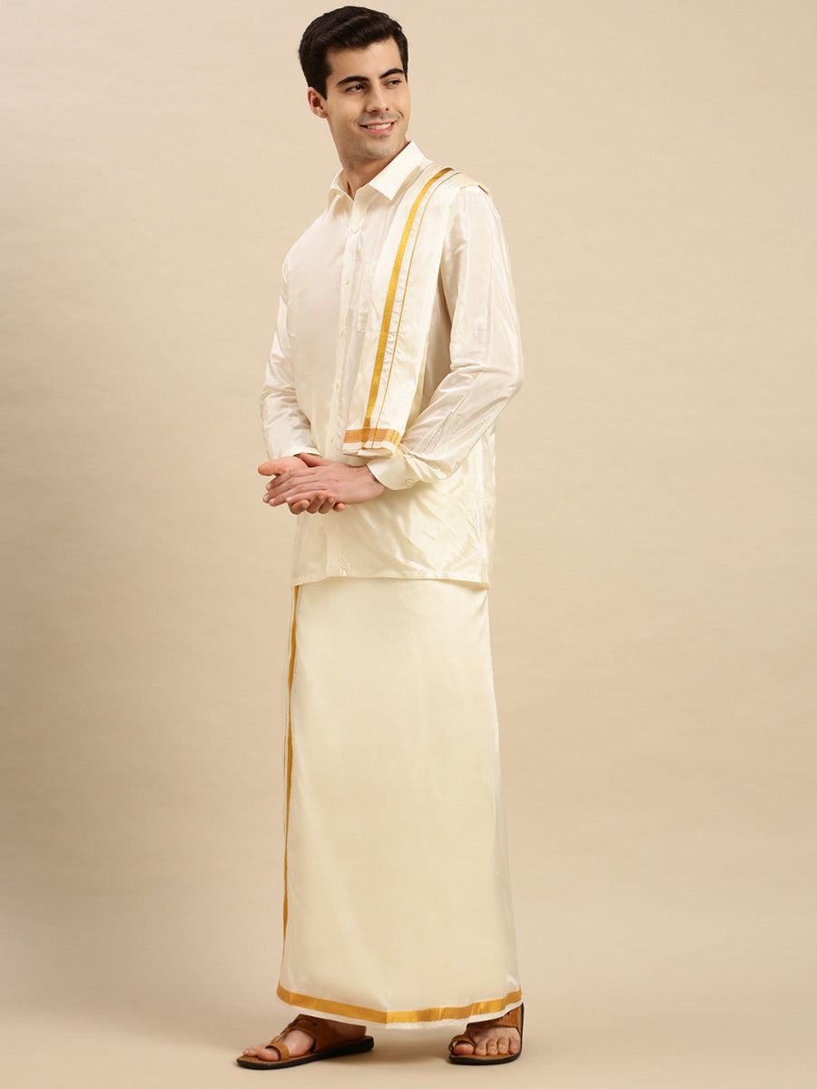 Wedding Soft Silk Dhoti With Full Sleeve Shirt & Towel Set Parinayam-Side view