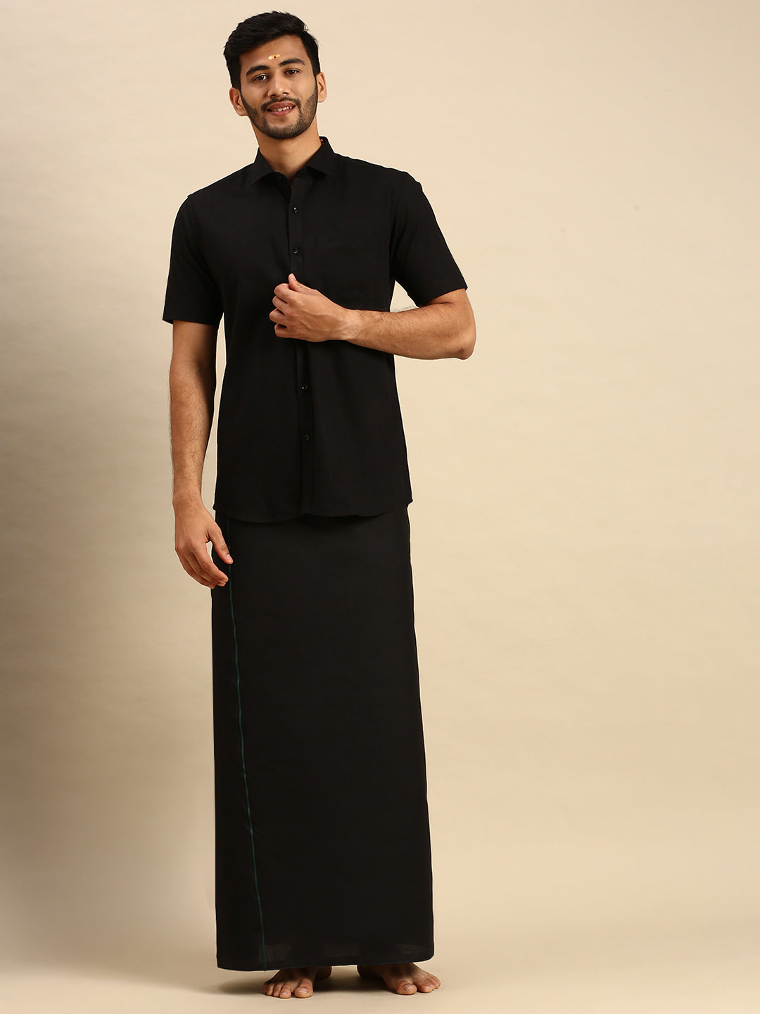 Mens Devotional Shirt & Small Border Dhoti Combo Black