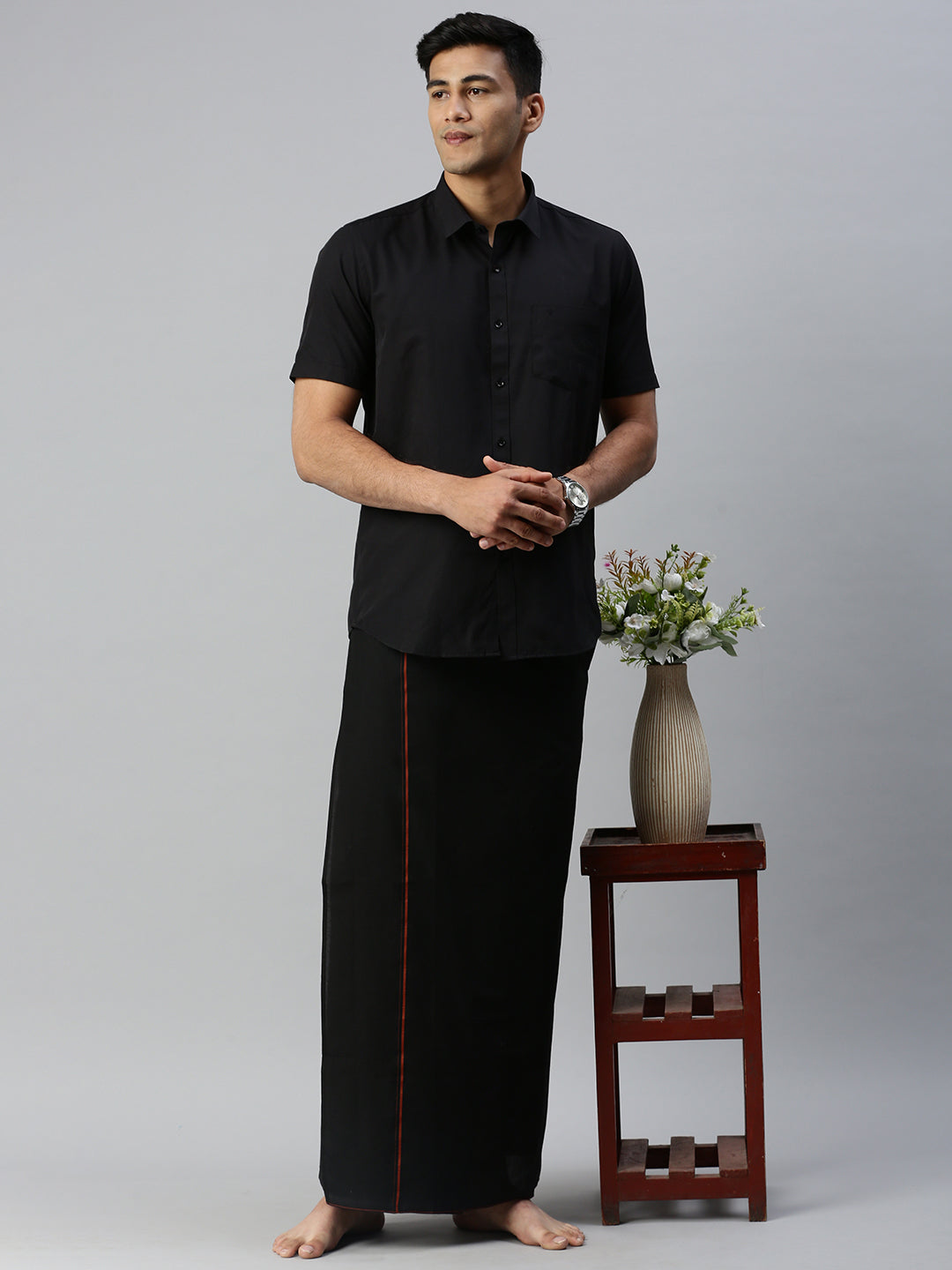 Mens Small Border Readymade Adjustable Single Dhoti Black