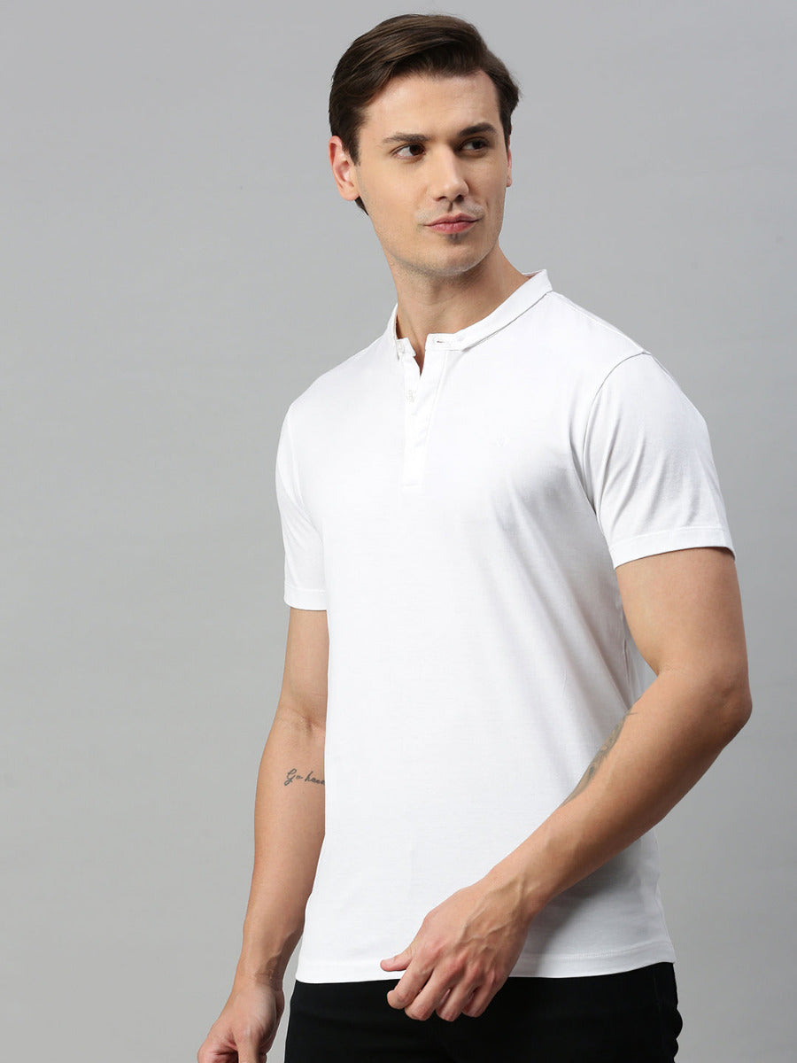 Mens White Smart Fit Mandarin Collar T-shirt MM2-Side view