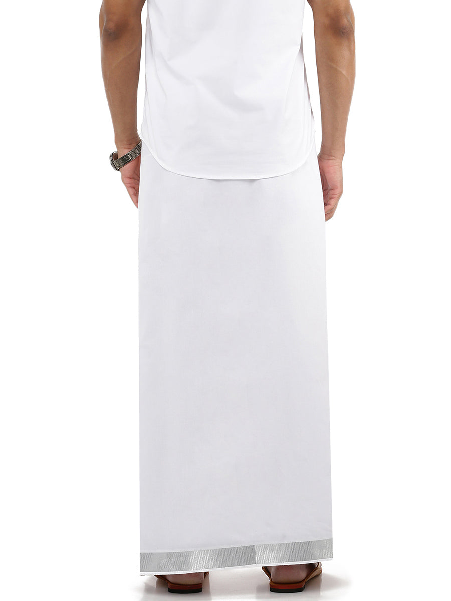 Mens Double Dhoti White with Silver Jari 1 1/2" Silver Bright-Back view