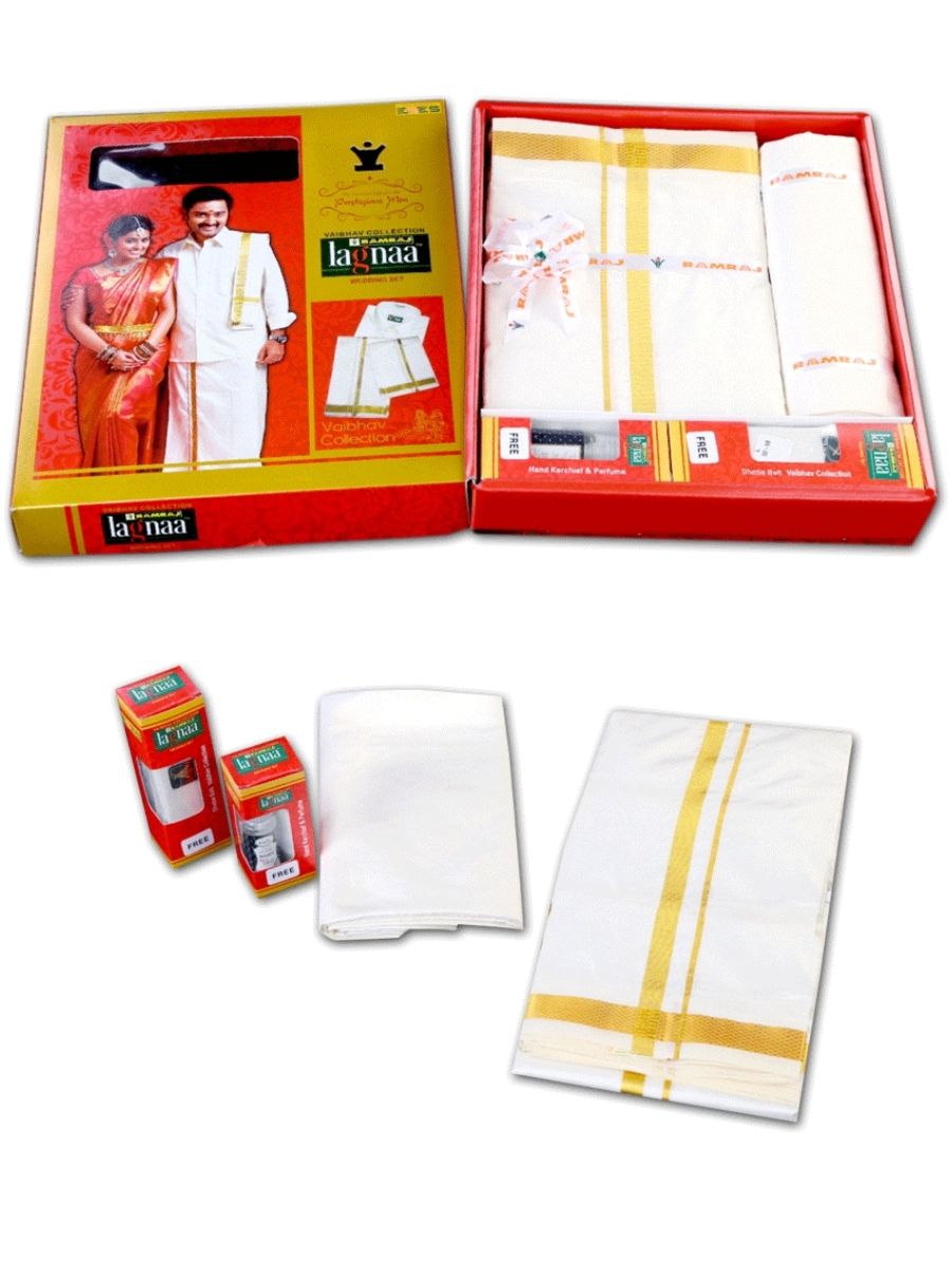 Mens Pure Silk Cream Wedding Set 1/2" Dhoti+Towel+Shirt Bit Rajahamsa-Full set view