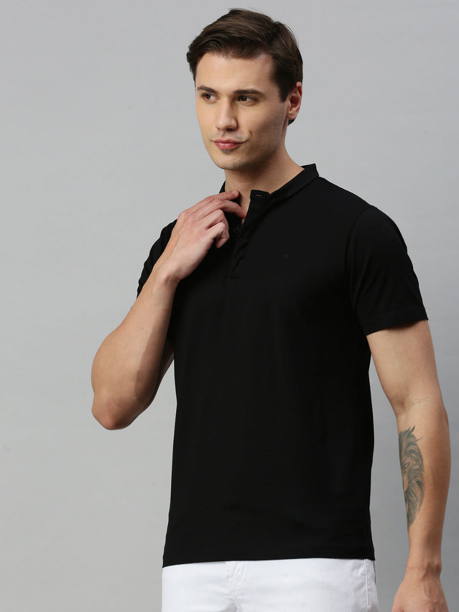 Mens Black Smart Fit Mandarin Collar T-shirt MM1-Side view