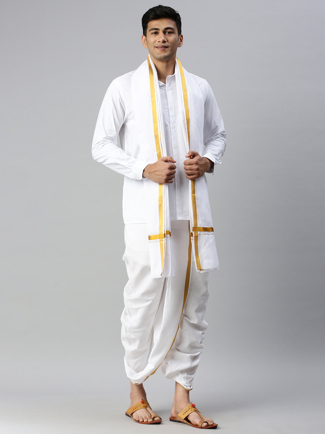 Mens White Shirt with Readymade Panchakacham Angavastram Set 3/4" Aashan