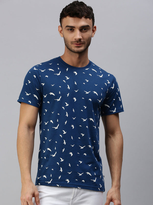 Graphic Printed Round Neck Casual T-Shirt Navy GT31