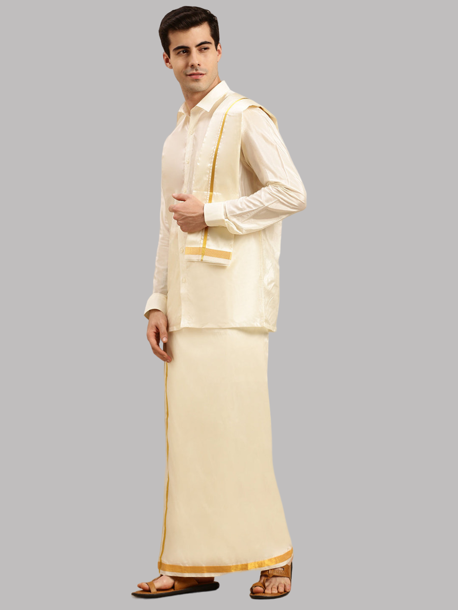 Mens Cream Art Silk Full Sleeves Shirt, Double Dhoti+Towel Combo-Side view