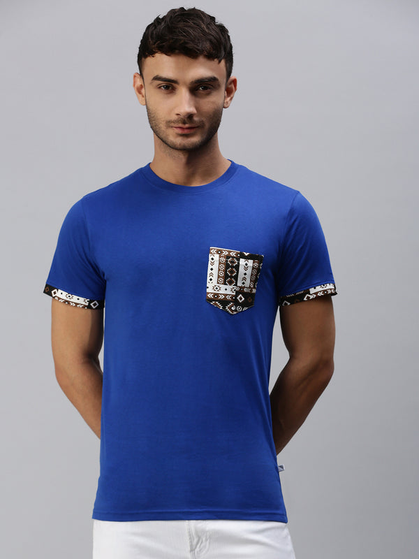 Graphic Printed Round Neck Casual T-Shirt with Pocket Blue GT27