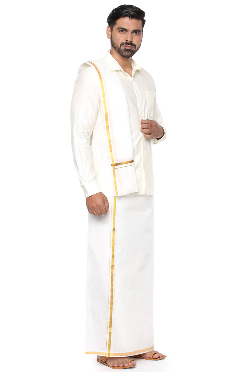 Mens Cream Double Dhoti with Gold Jari 1/2" Dhoti & Towel Set Nithyanjali