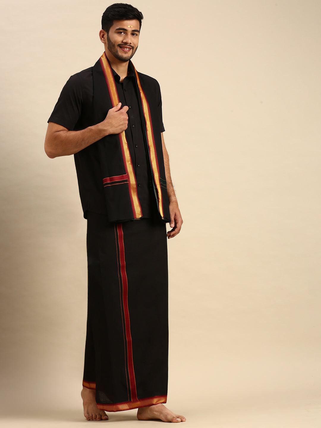 Mens Devotional Dhoti, Shirt & Towel Combo Brindhavan Black