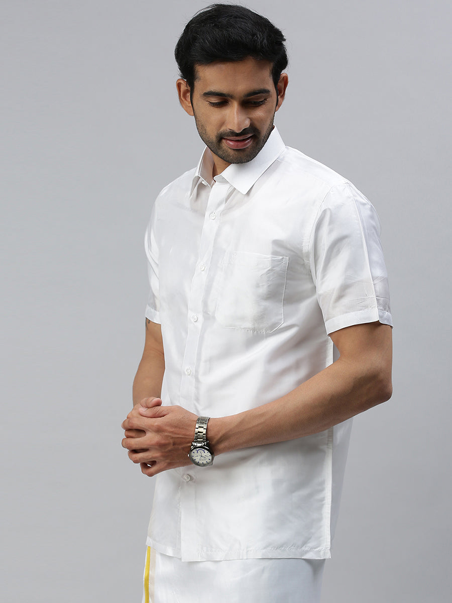 Mens Pure Silk White Shirt Half Sleeves Silk Mark-side view