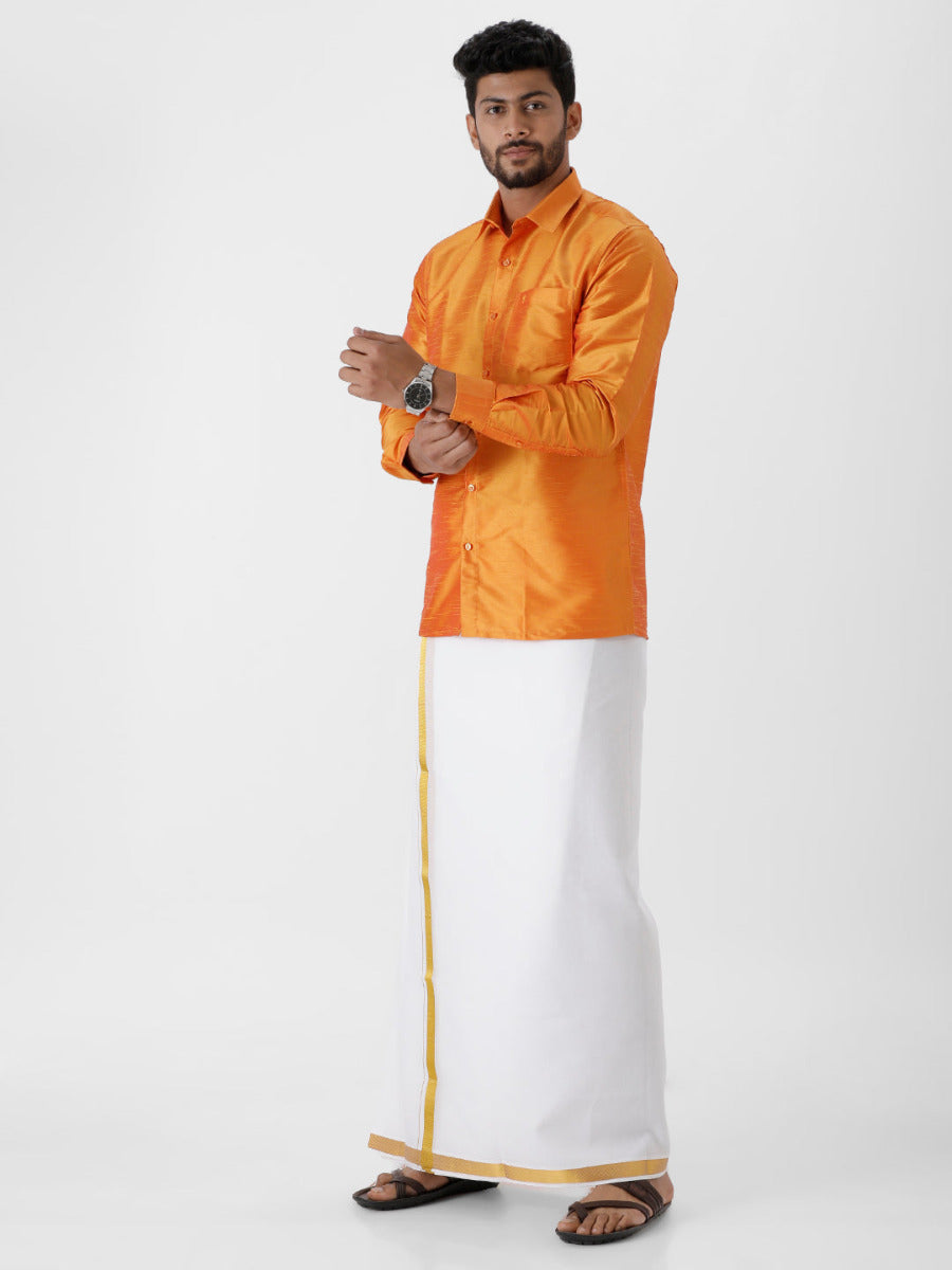 Silk Look Fancy Colour Full Sleeves Orange Shirt & Jari Dhoti Combo-Side view