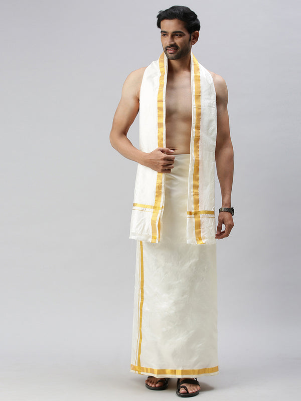 Mens Pure Silk Cream Dhoti & Towel Set Thirukalyan 40K 1"