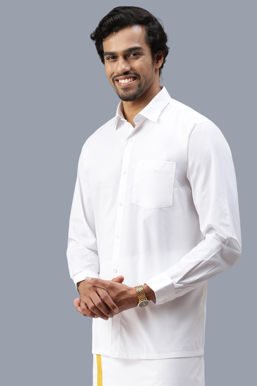 Mens 100% Cotton White Full Sleeves Shirt with 3/4'' Gold Jari Double Dhoti Combo-Side view