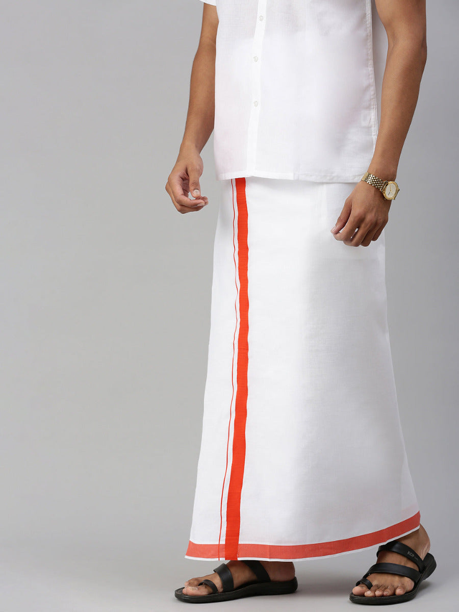 Men Dhoti White with Fancy Border Winner Special Orange