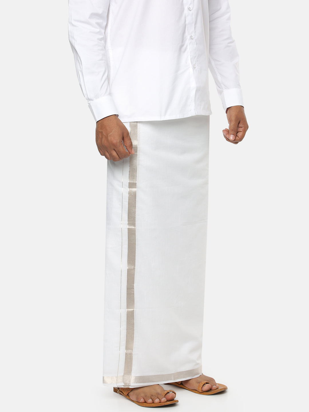 Mens Double Dhoti with Jari 1" Border Silver Cotton-Side view