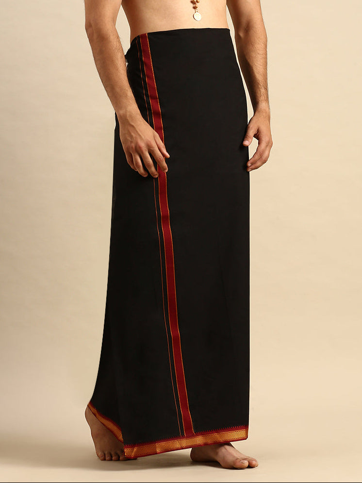 Men 100% Cotton Single Layer Black Dhoti with Mayilkhan Border Brindhavan