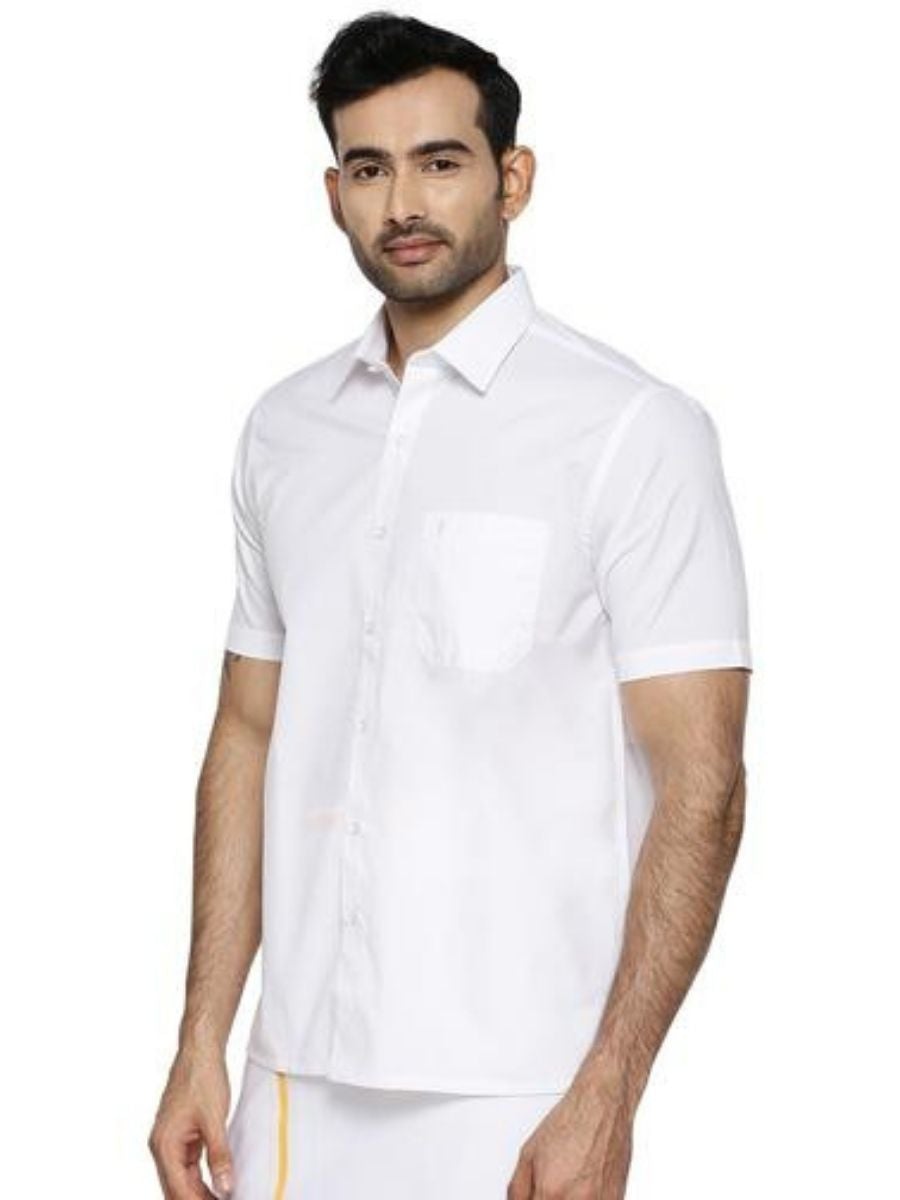 Mens Cotton White Half Sleeves Shirt with Small Border Dhoti Combo-Side view