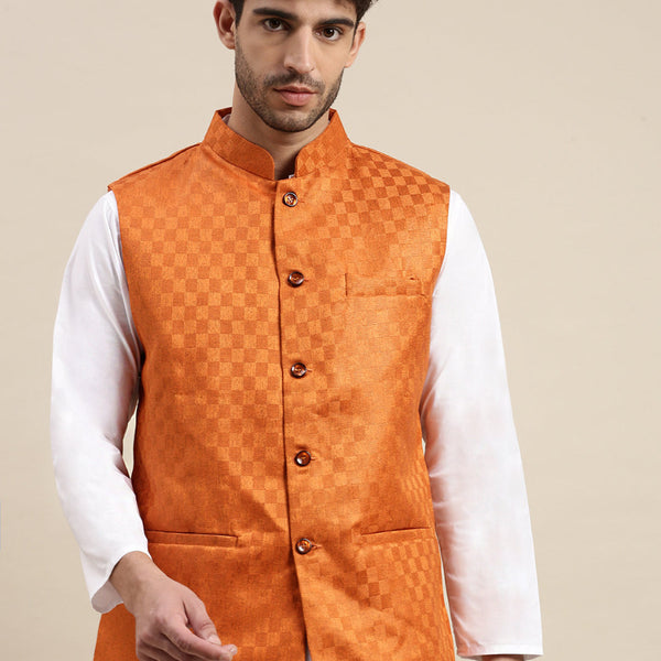 Art Silk White Men Jacket Kurta Pajama - OUTLUK - 4184506